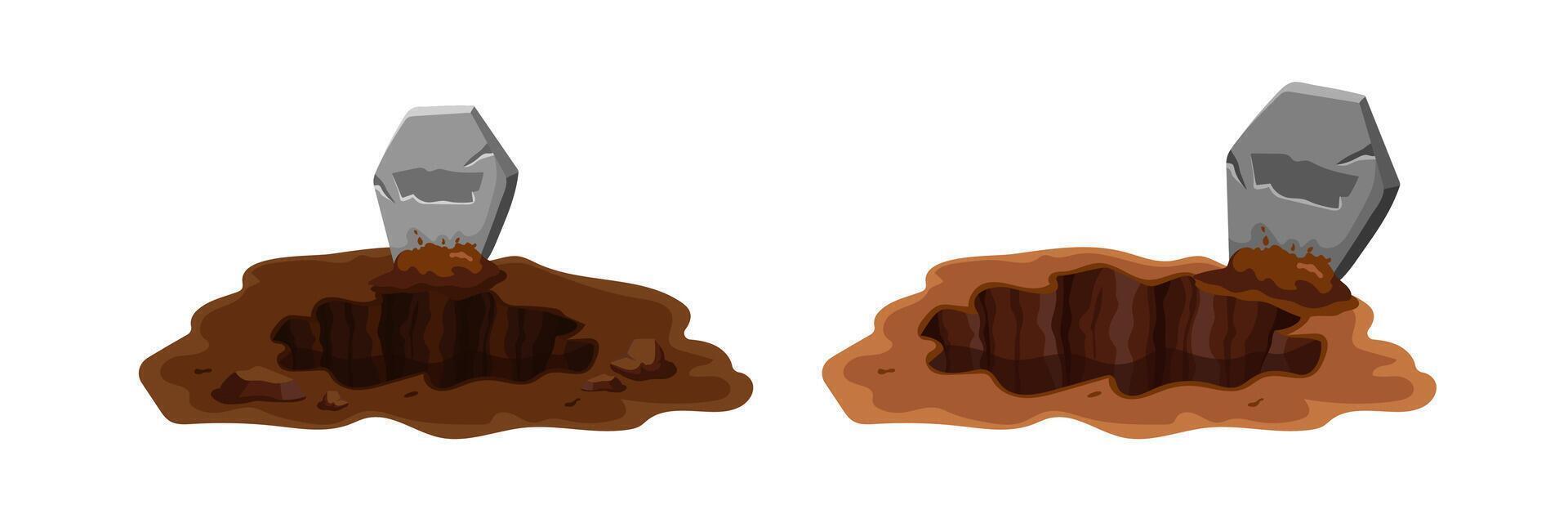 Two open graves with broken tombstones against a white background vector