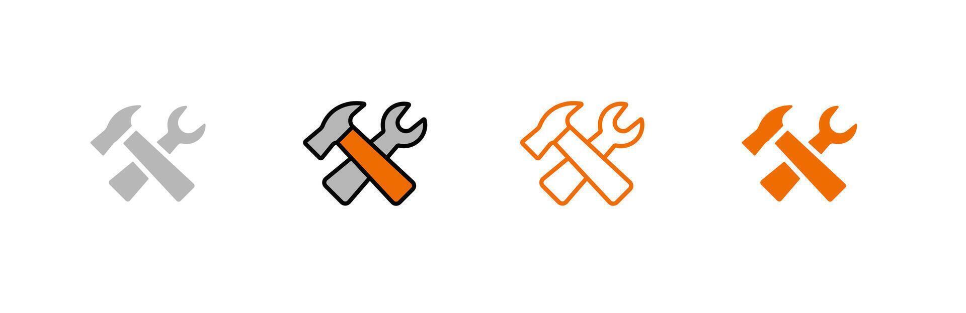 Four hammer and wrench icons in different styles show tool and repair equipment vector