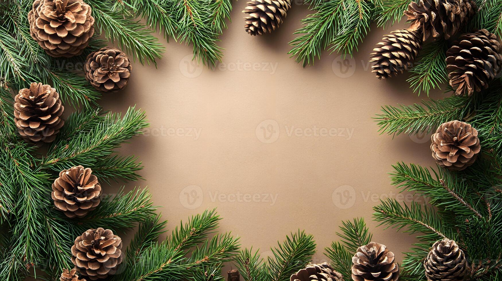 Christmas frame with fir branches and cones on brown paper photo