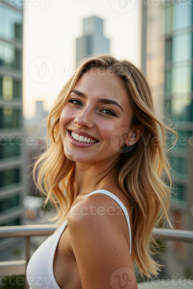 A cheerful woman with an inviting, happy expression, looking at the camera photo