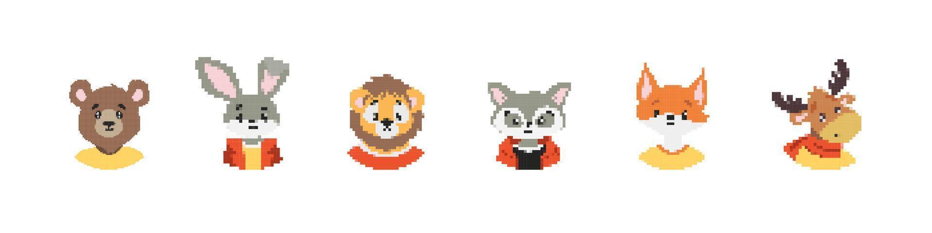 Six cute pixel art animals in colorful clothing with simple detailed features vector