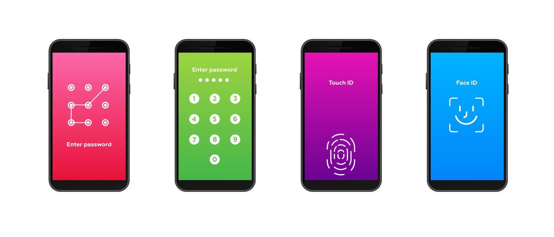 Four smartphones showing different security unlock methods with colorful screens vector