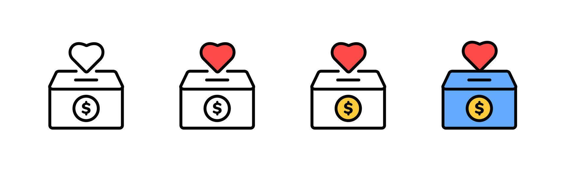 Charity donation boxes with heart symbols and coin icons in four different color variations vector