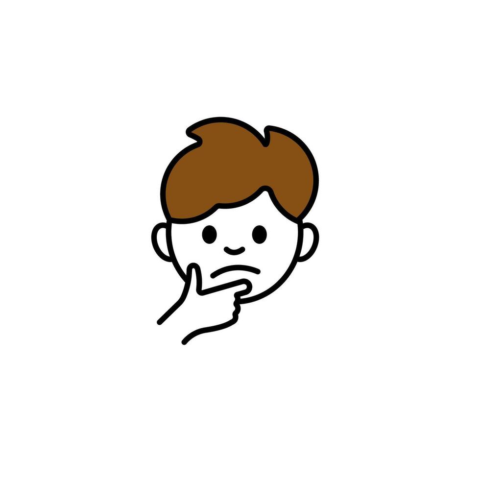 Cartoon boy pondering with hand on chin and expression of thoughtfulness vector