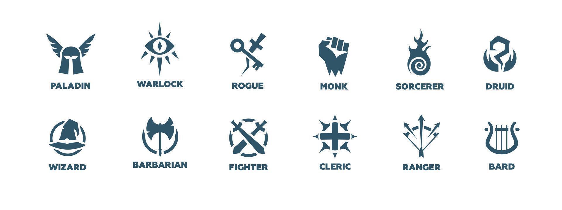 Fantasy character classes with symbols for role-playing games and adventures vector