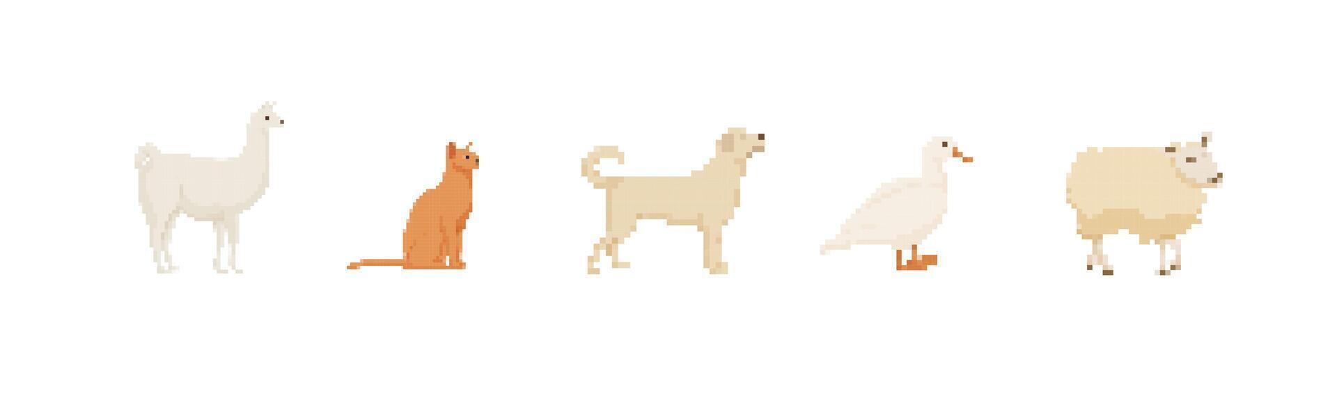 Pixel art animals in a row. llama, cat, dog, duck, and sheep displayed in pixelated style vector