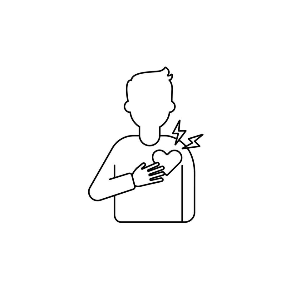 Line drawing of person holding heart symbol with lightning bolts and hand on chest vector