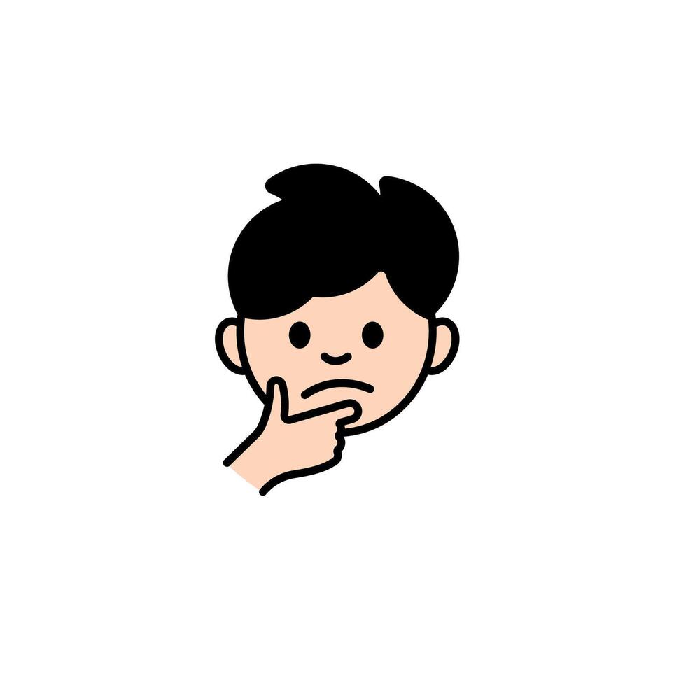 Cartoon style thinking face icon featuring a thoughtful expression and dark hair vector