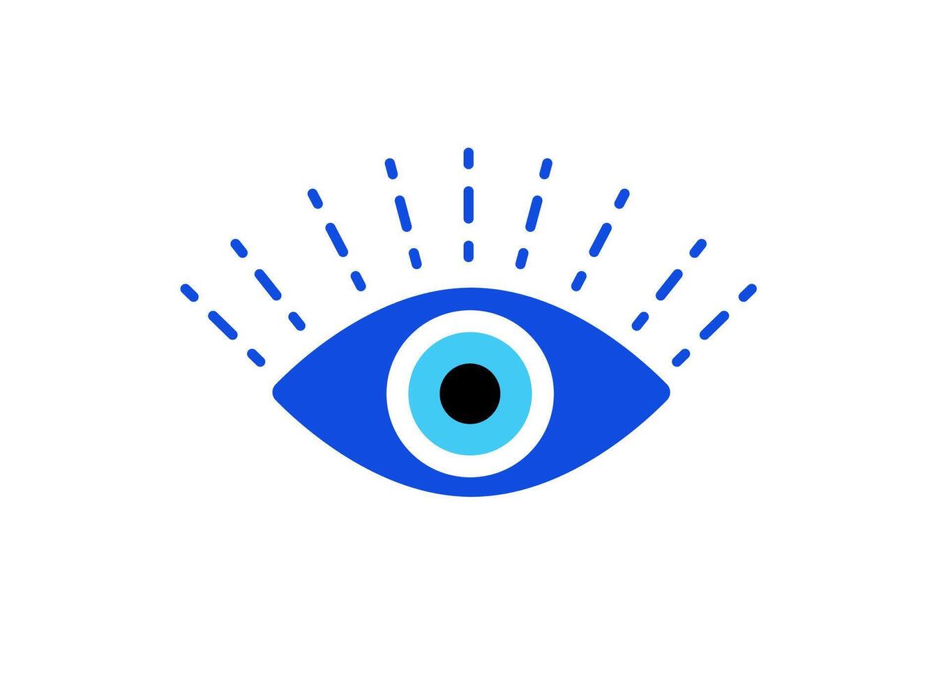 Blue eye symbol with rays on white background, representing vision, awareness, and protection in minimal style vector