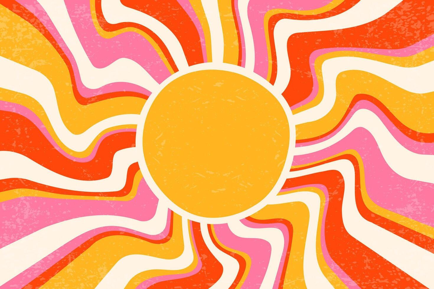 Sunrays retro background. Summer 70s abstract poster. Groovy design with grunge texture. Old paper banner with orange and pink spiral beams on pastel backdrop. vector