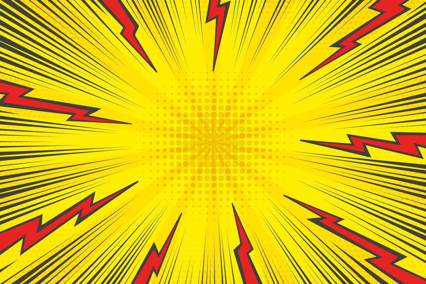 Comic cartoon yellow background with lightnings and thunder power effect. Abstract pop art design with halftone radial bolt energy. Explosion rays and speed lines. Retro superhero illustration vector