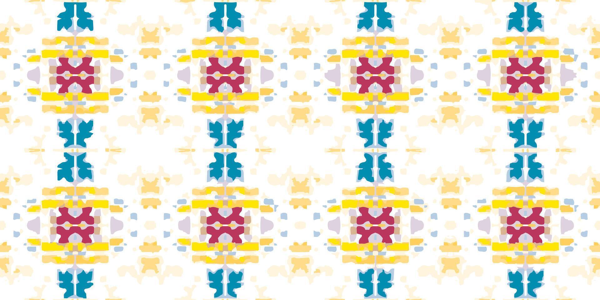 Seamless abstract geometric pattern. Boho ethnic style. Bright colors. Yellow, blue, and red accents. Repeating motifs design. Intricate motifs. Modern style. Playful aesthetic. vector