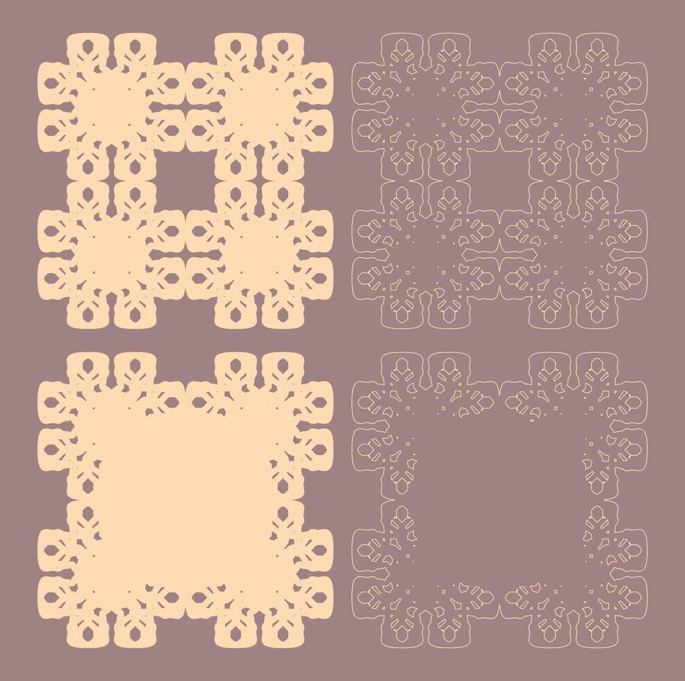 Four ornate square designs. Lace, doily, lattice, laser cut, stencil, engrave. Symmetrical patterns. Intricate details. Beige and taupe. Decorative art. Vintage aesthetic. Isolated elements. vector
