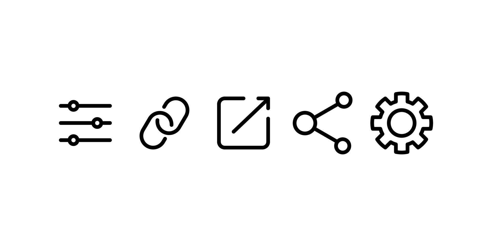 Icons for settings, link, edit, share, and gear. Suitable for digital design projects needing user interface elements. Ideal for web designers. vector