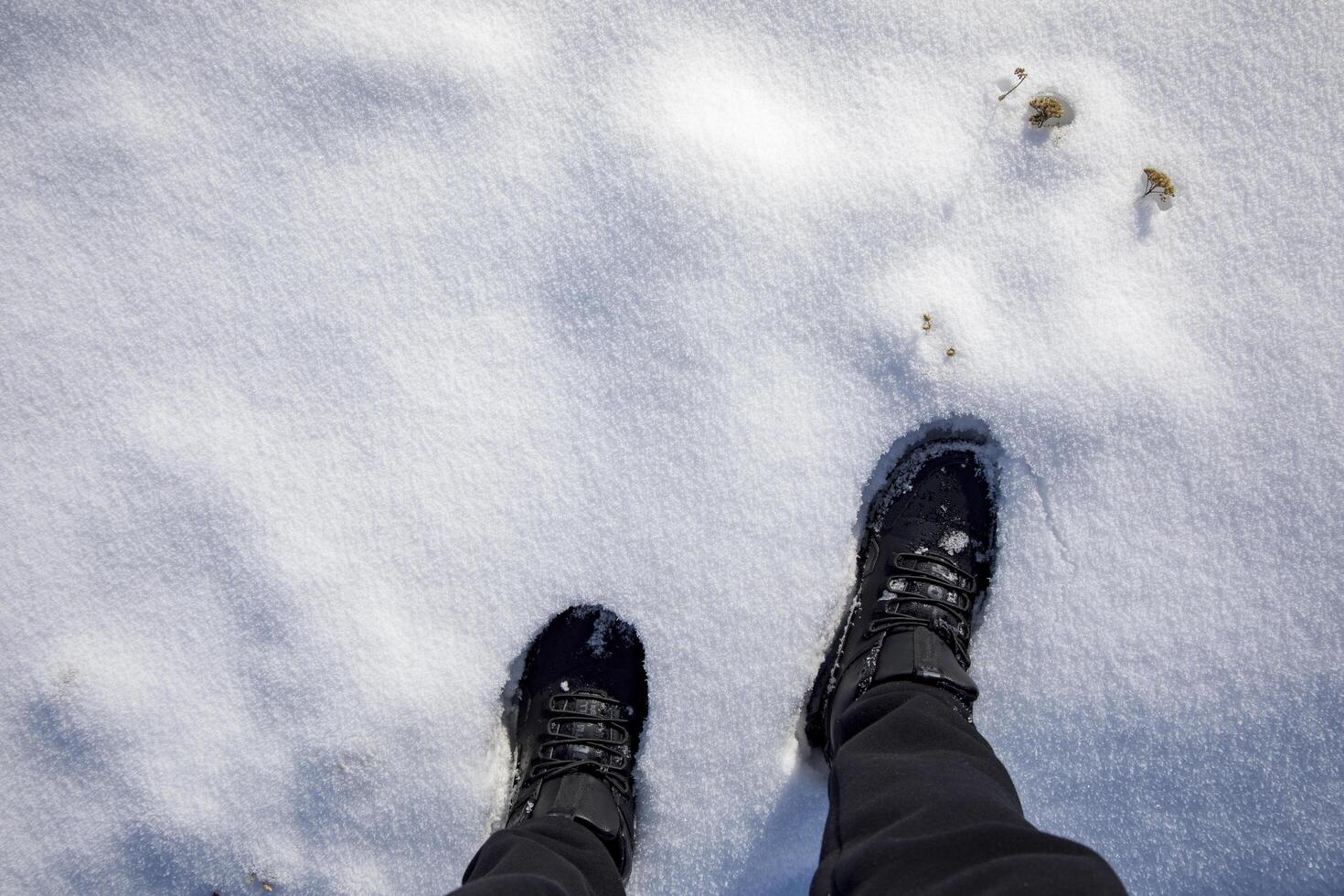 A person standing in the snow wearing black boots photo