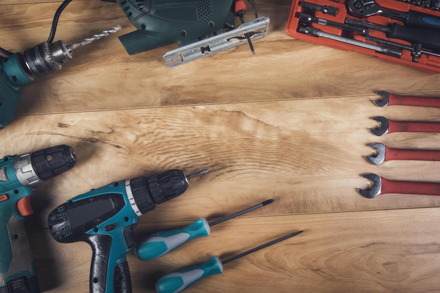 Tools on a wooden table with a copy space photo
