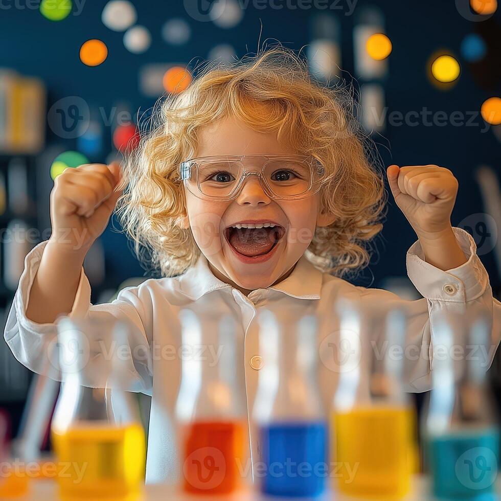 Educational school lab with child scientist and colorful test tubes photo