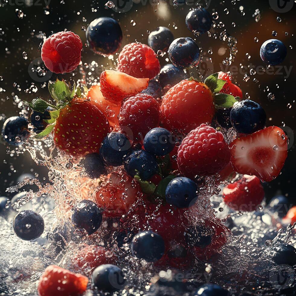 Strawberries, Blueberries, Raspberries Exploding into a Splash of Juice photo