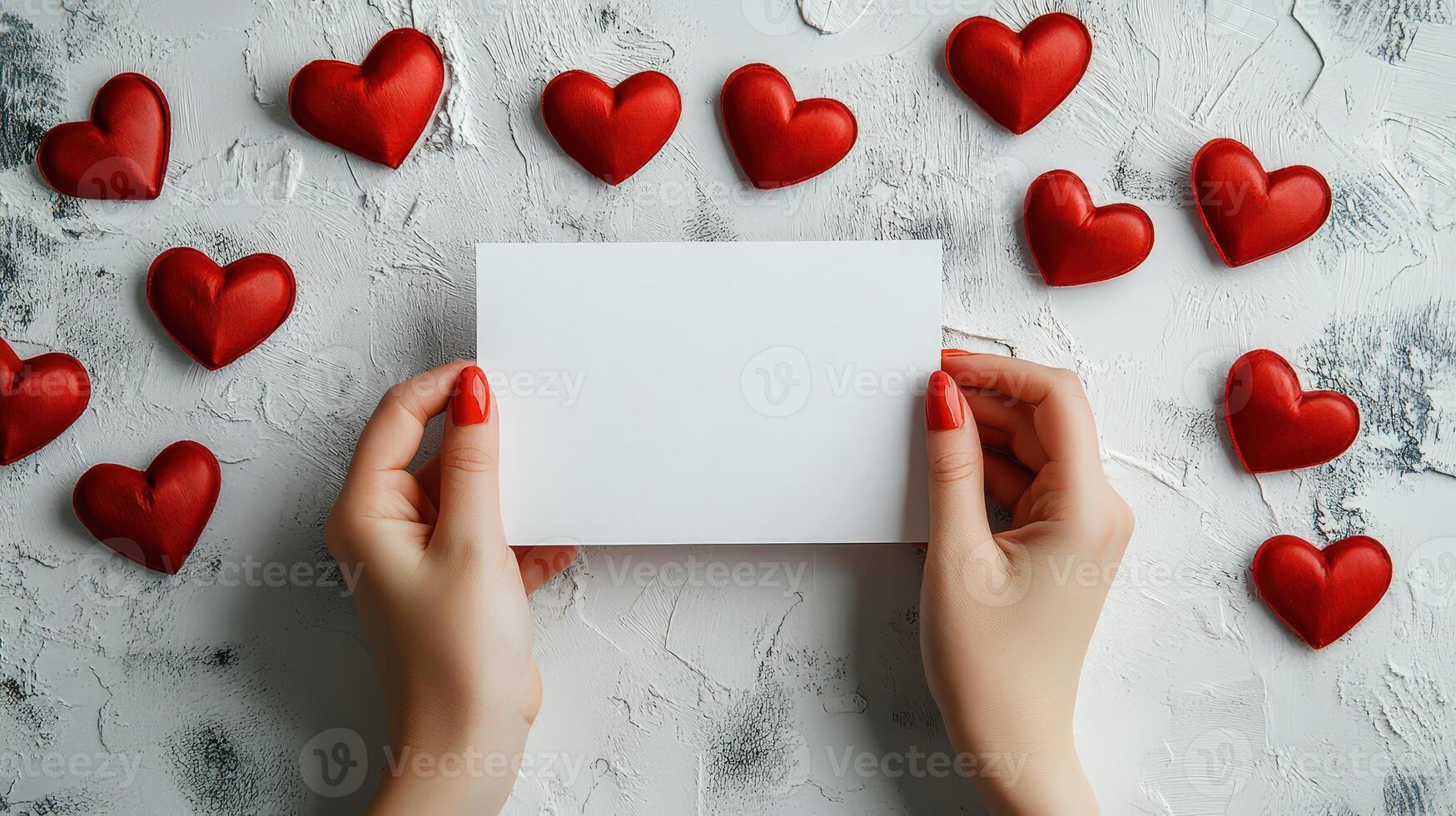 Blank card in hands with red hearts and soft textures around photo