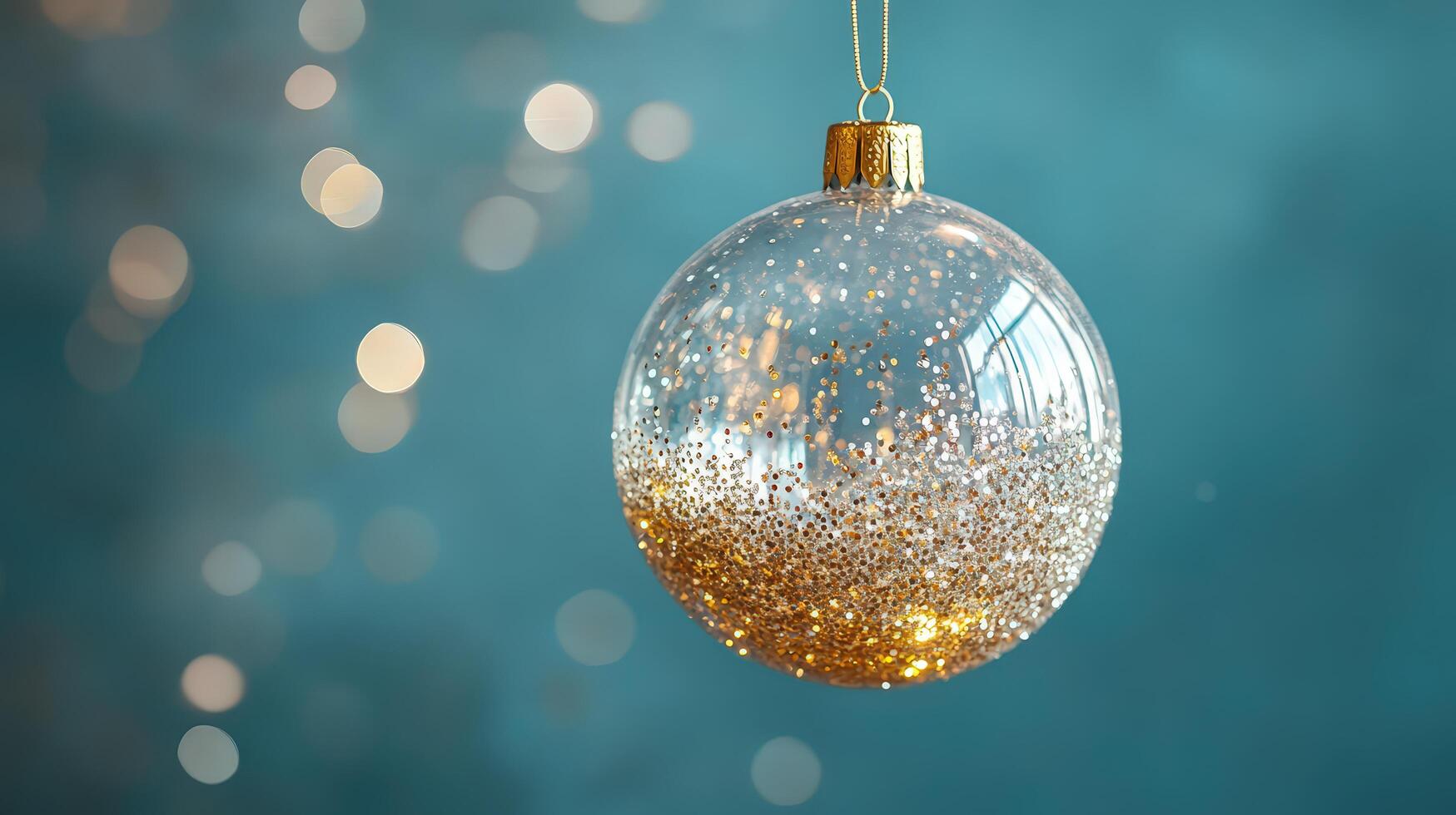 Glowing New Years Eve Ornament with Snowflakes and Golden String photo
