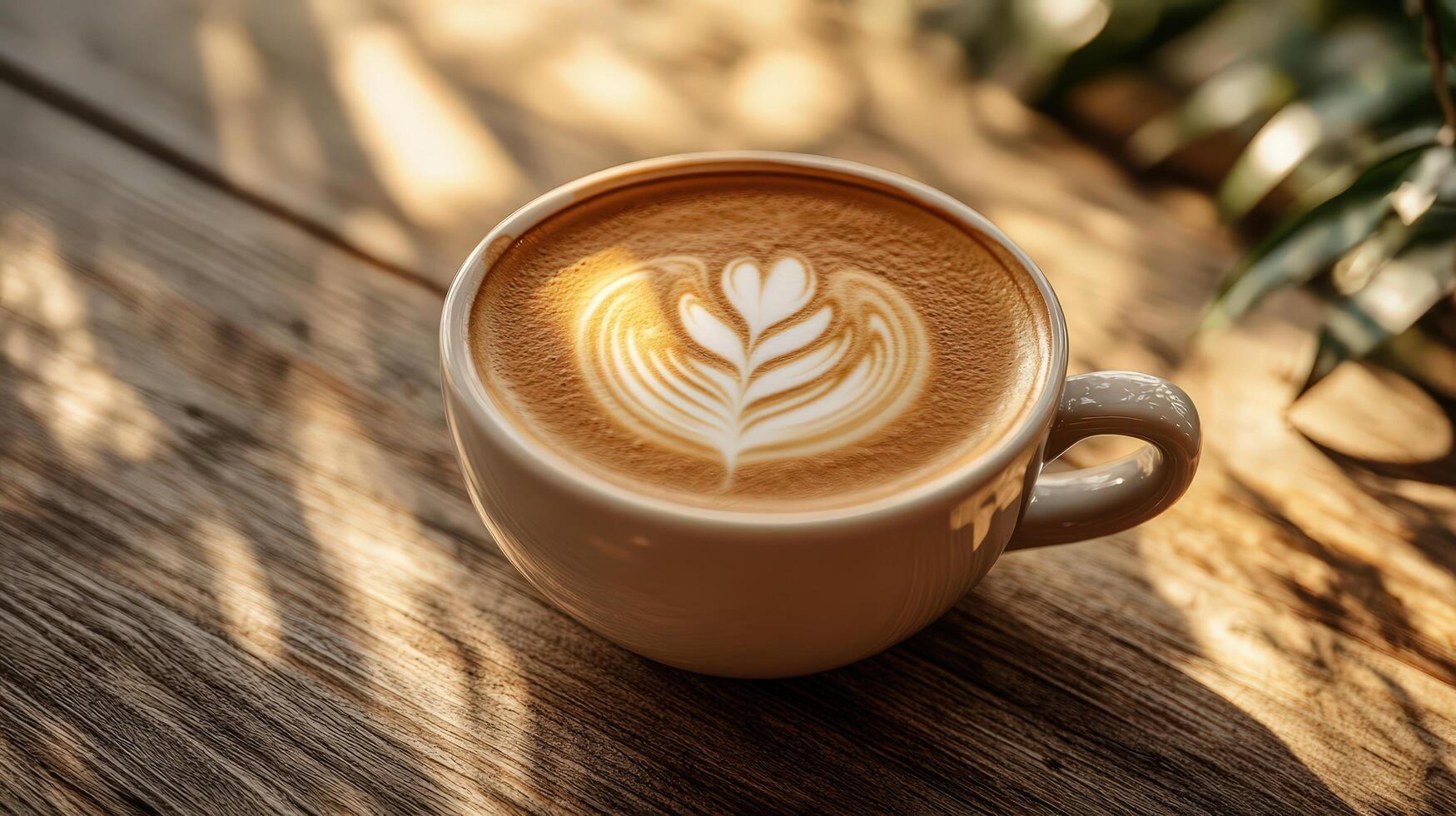 Steaming coffee cup with intricate latte art in warm sunlight photo