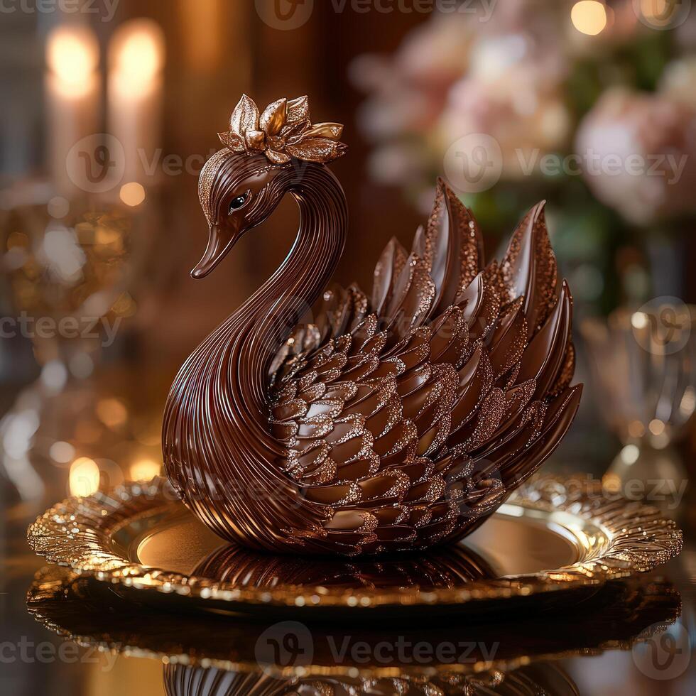 Sophisticated Chocolate Swan on Golden Plate with Detailed Feather Texture photo