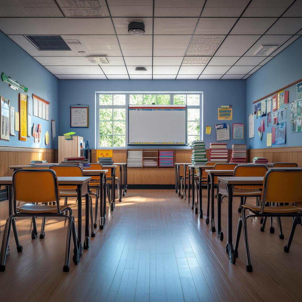 Neat and welcoming classroom prepared for the first day of school photo