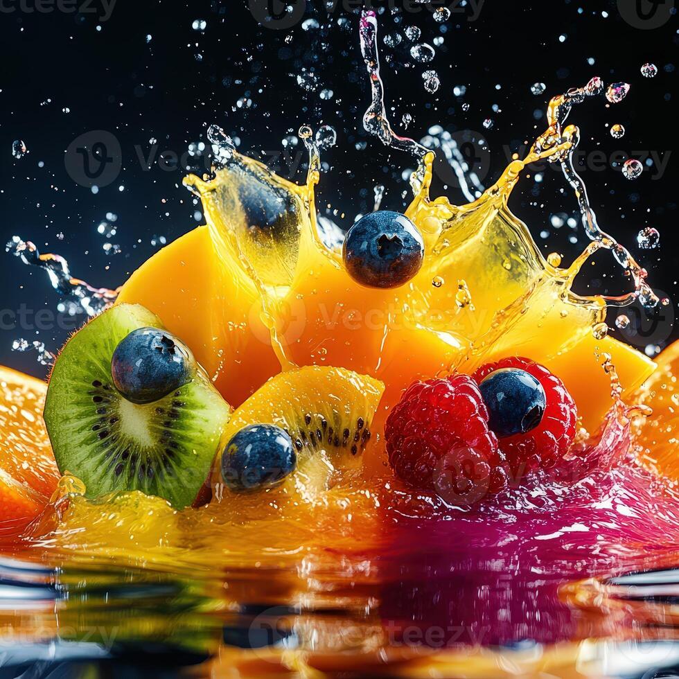 Rainbow Fruit Juice Splash in Midair with Dynamic Motion Effect photo