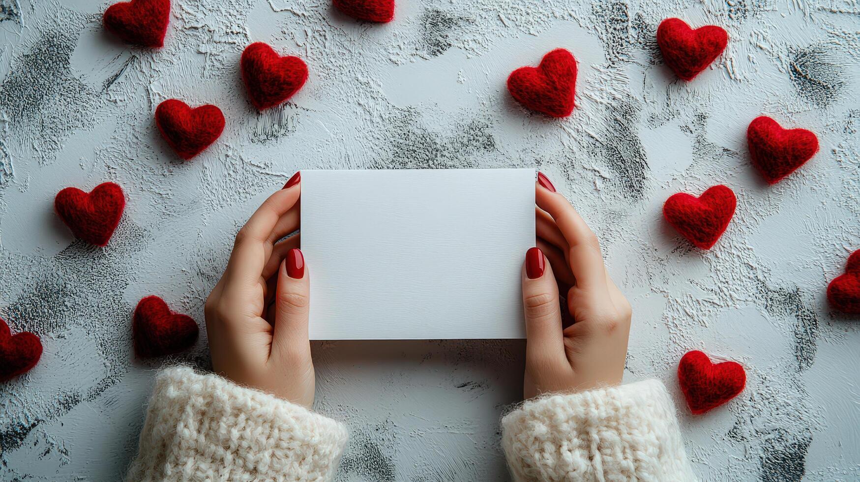 Realistic photo of hands holding card surrounded by soft textures, hearts