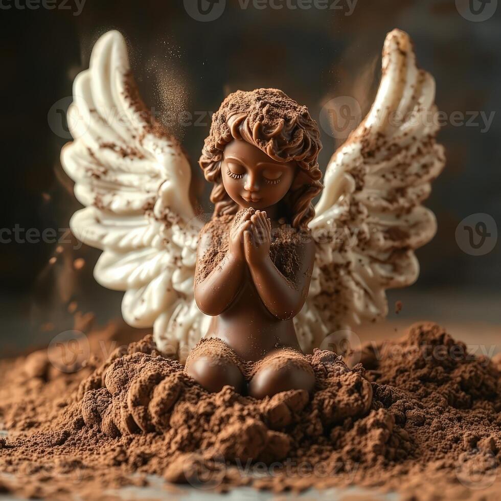 Soft Glowing Chocolate Angel with White Wings on Cocoa Powder Cloud photo