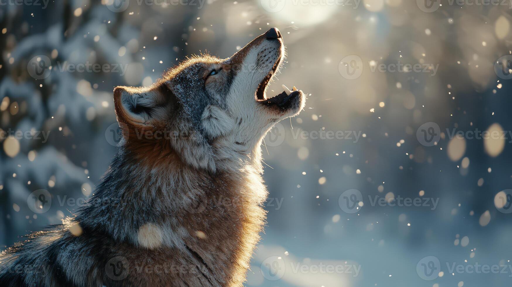 Snowy forest with wolf howling at full moon in mist. photo