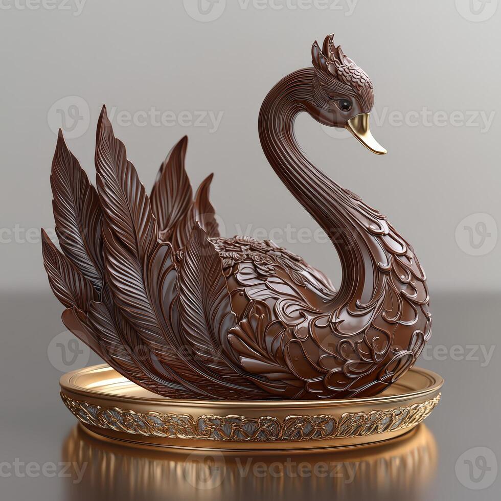Glamorous Chocolate Swan with Exquisite Feather Detailing on Reflective Plate photo