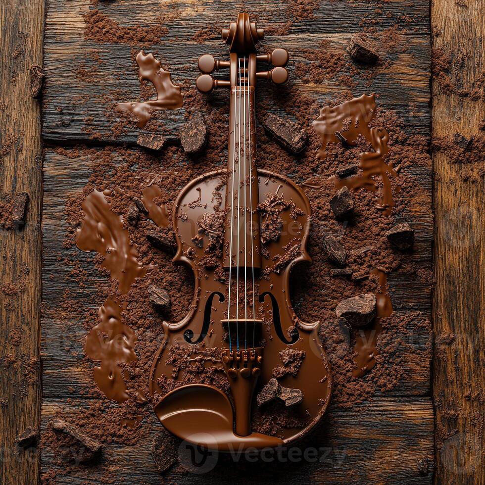 Chocolate Violin with Caramel Strings and Cocoa Powdered Wooden Surface photo
