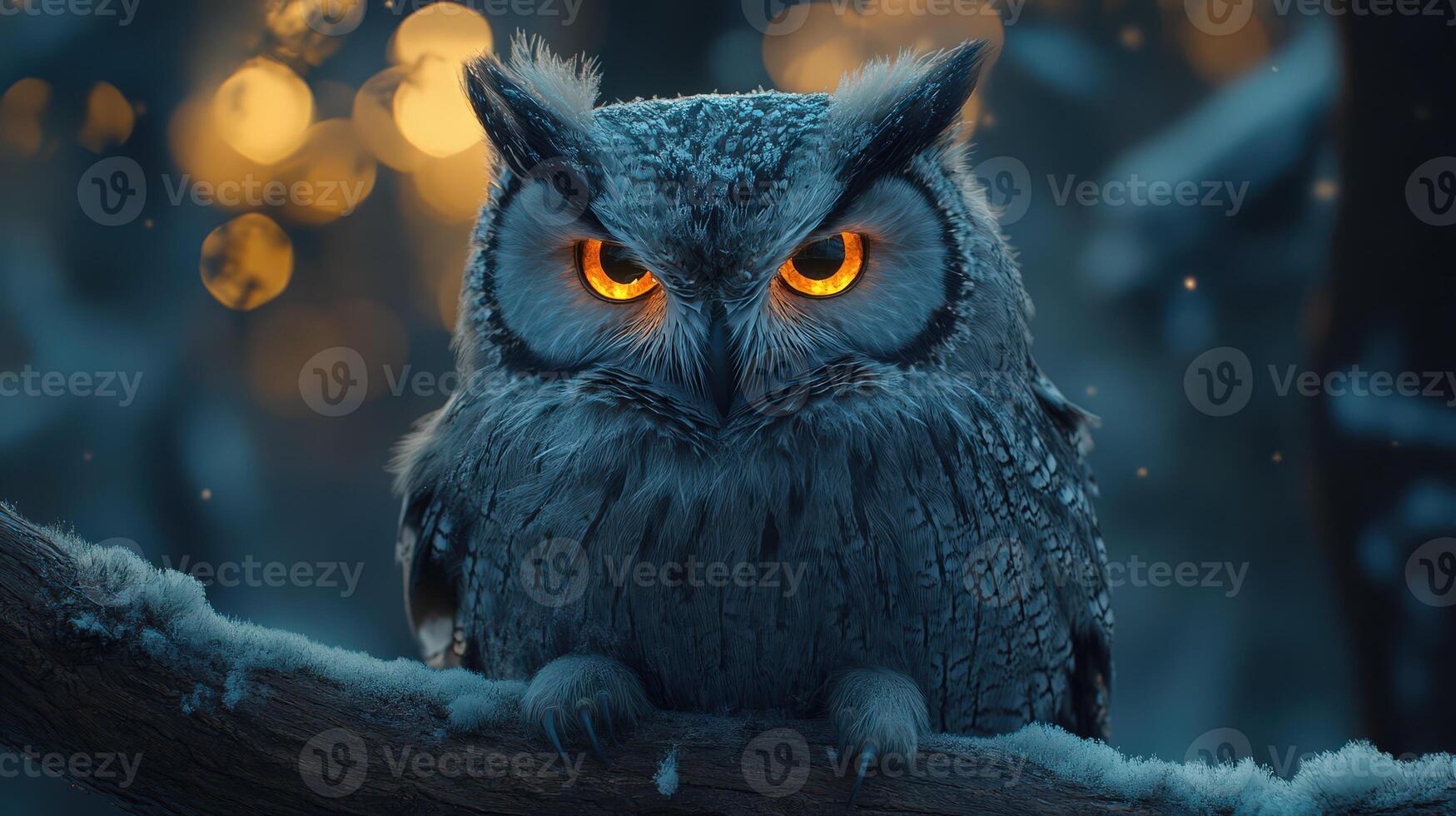 A soft-eyed owl perched in the forest, twilight glow surrounding it. photo