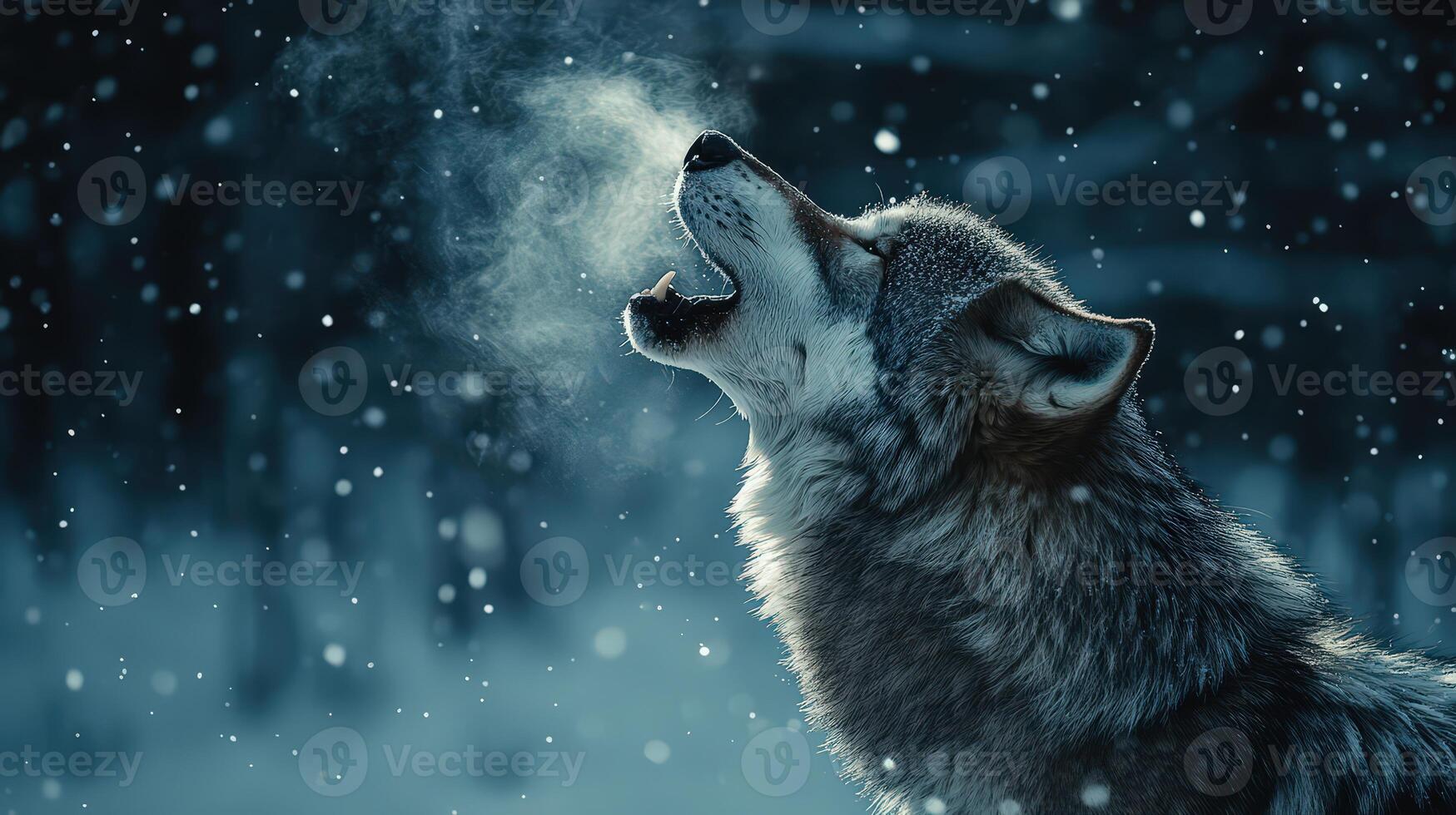 Closeup of a wolf howling at the full moon in snow. photo