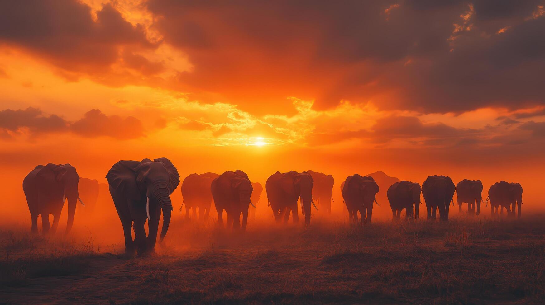 Elephants marching across a dusty plain as sunset illuminates sky. photo