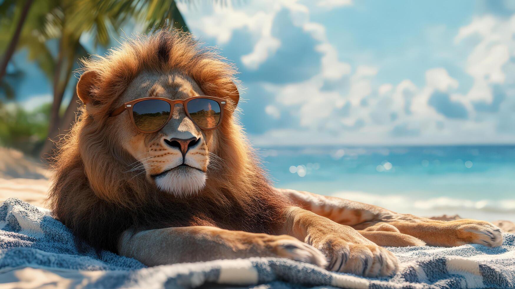 Lion wearing sunglasses, sunbathing on towel, with ocean and palm trees photo