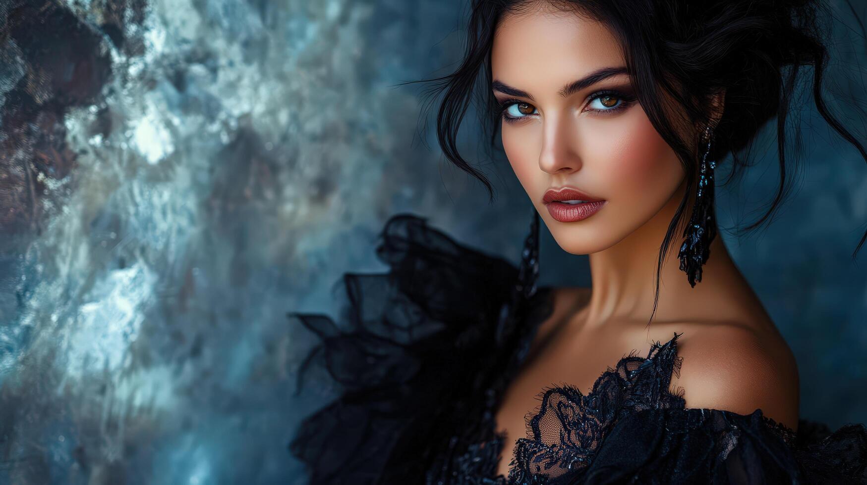 Fashion-forward editorial featuring a model in luxury wear with bold, dramatic background photo