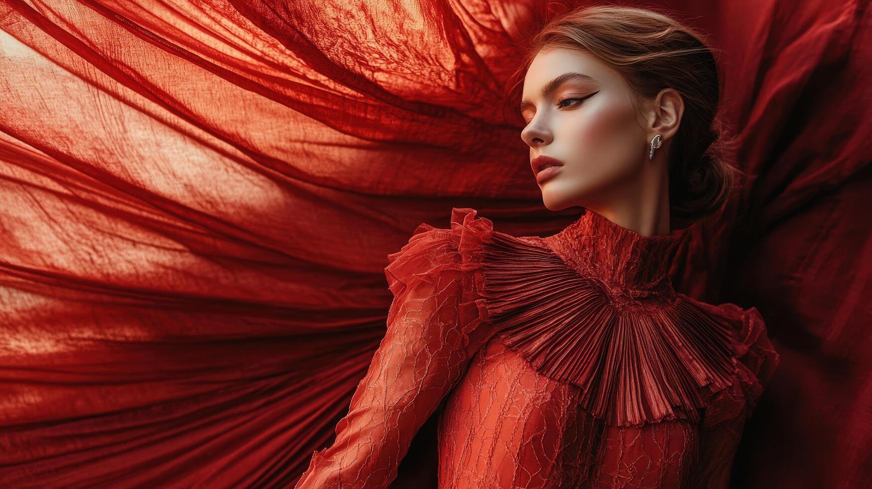 Model in luxurious fashion surrounded by a dramatic, intense background lighting photo