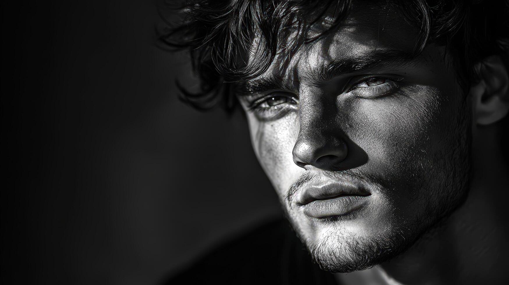 Monochrome portrait of young man with deep shadows and striking contrast photo