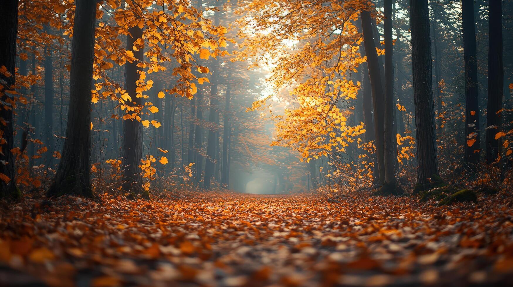 Serene autumn forest with golden leaves and soft, atmospheric lighting photo