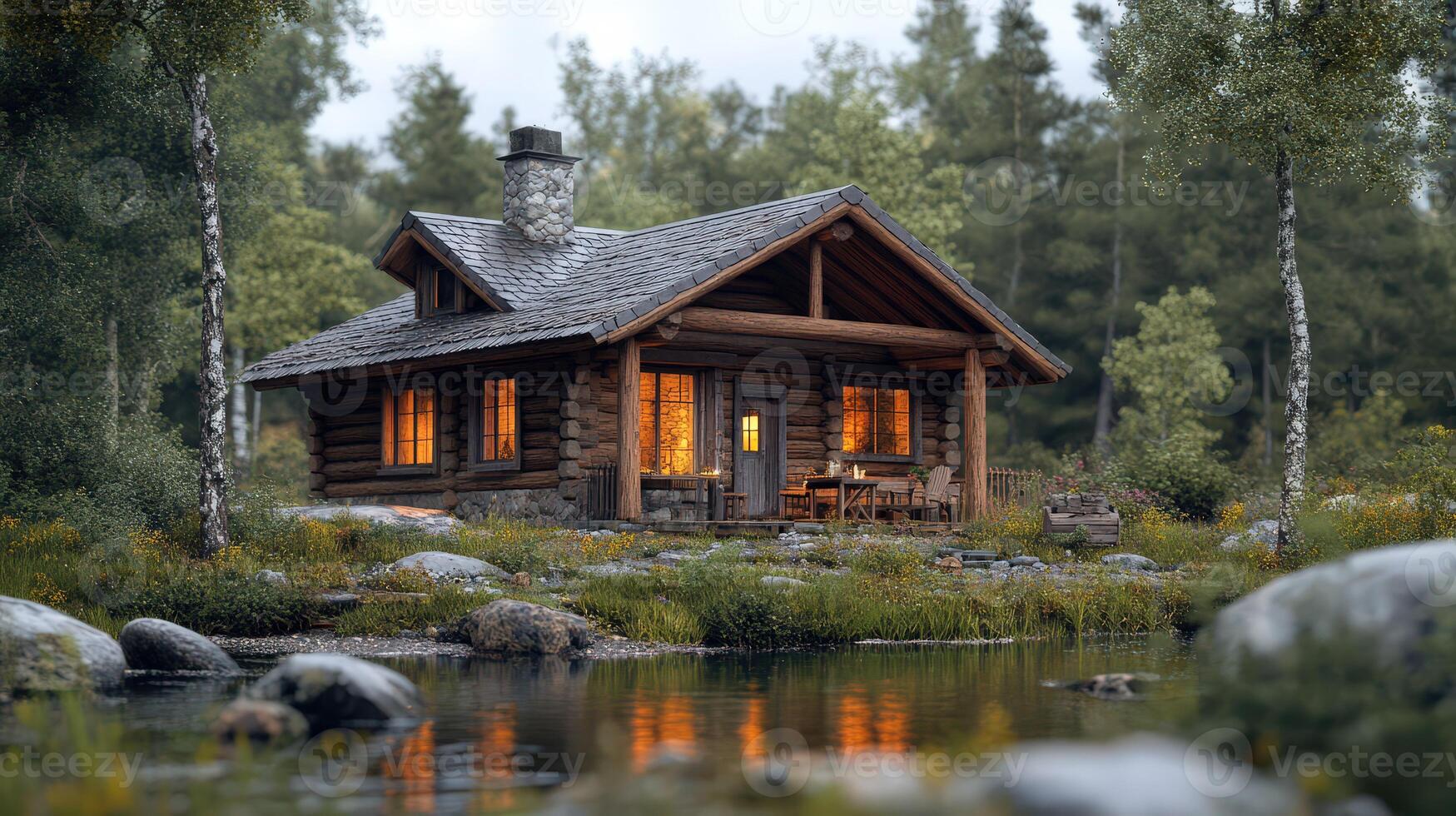 Stunning log cabin in forest, peaceful natural setting, realistic photography. photo