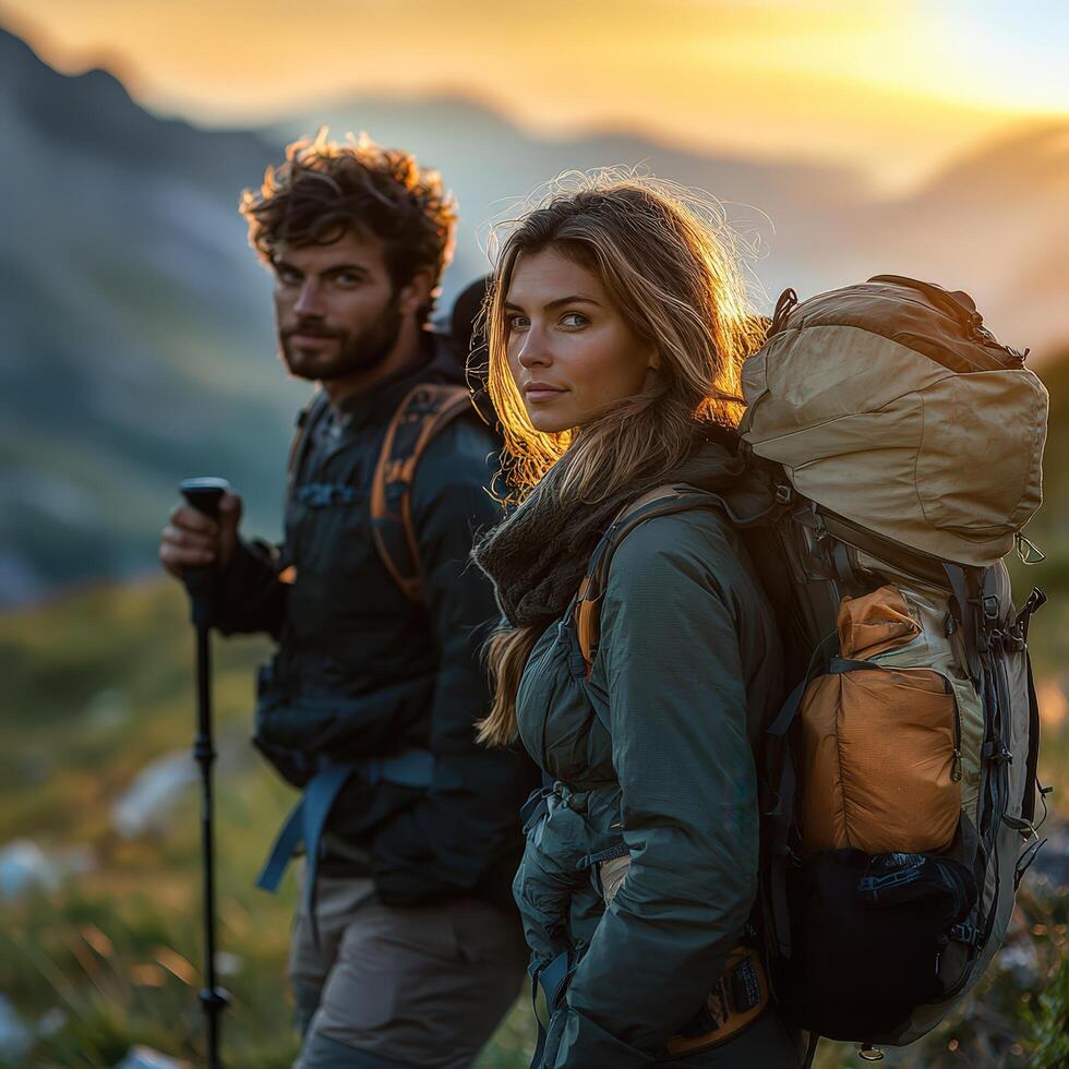 Couple Exploring Mountain Trails on a Hike, Realistic Travel Photography photo