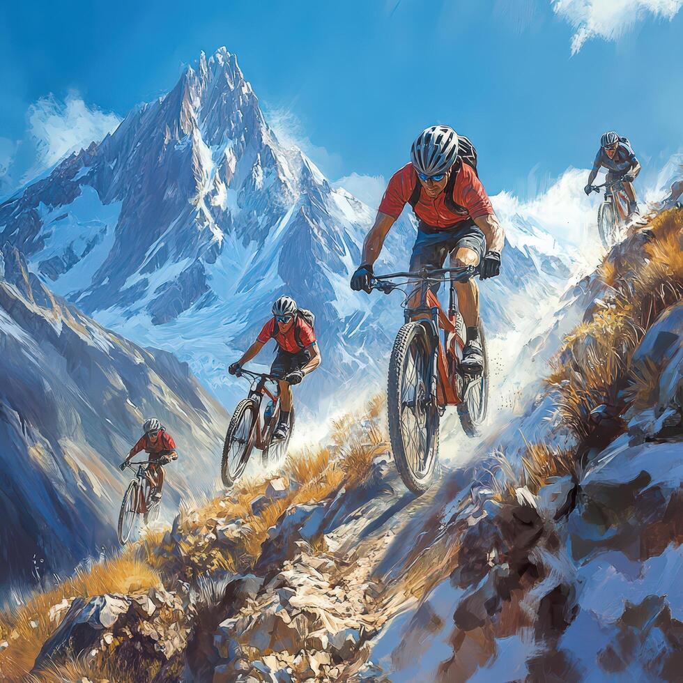 Cyclists on rocky trails, fast-paced action in high-altitude adventure. photo
