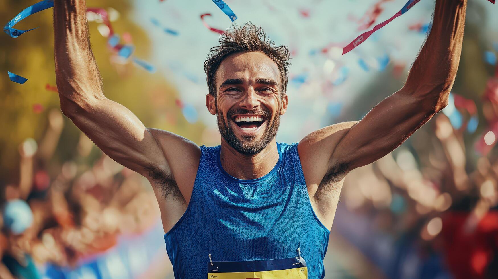 Action Shot of Marathon Runner Breaking Finish Line Tape, Triumph photo