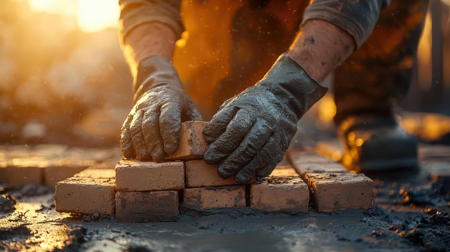Photorealistic Close-Up of Mason Laying Bricks, Sunlit Construction Site photo