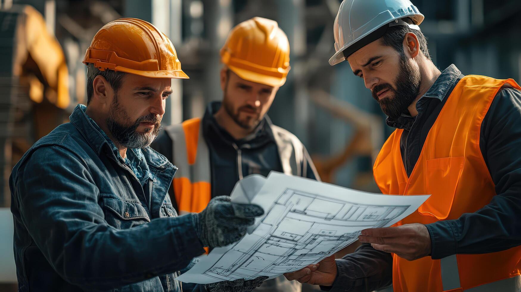 Professional Architect and Engineer Analyzing Blueprints at Construction Site, Workers photo