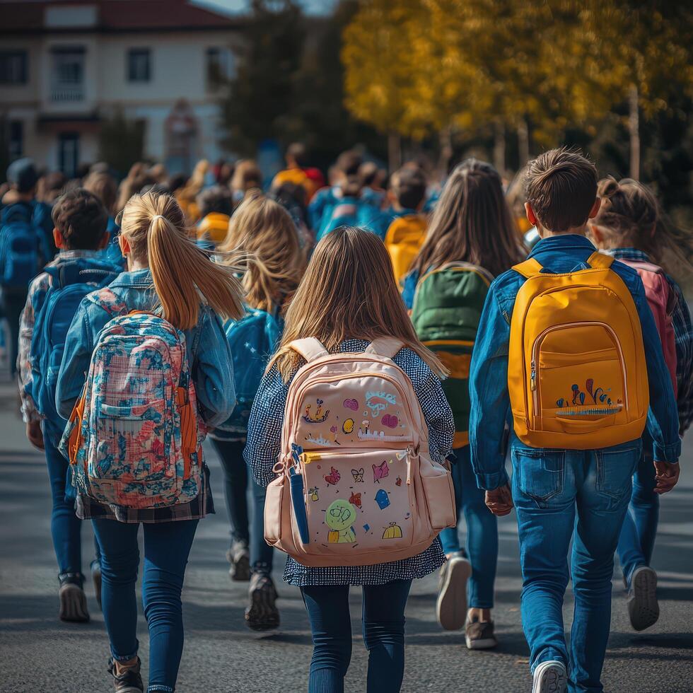 Cheerful students carrying school supplies, walking toward a bright future photo