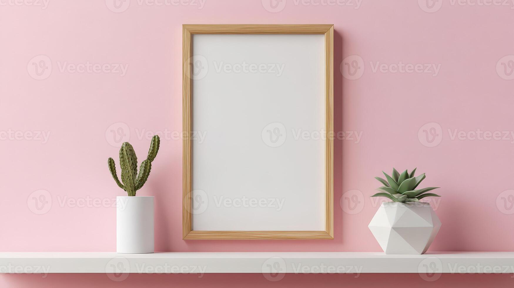 Photorealistic Close-Up of Wooden Frames and Succulent on Shelf photo