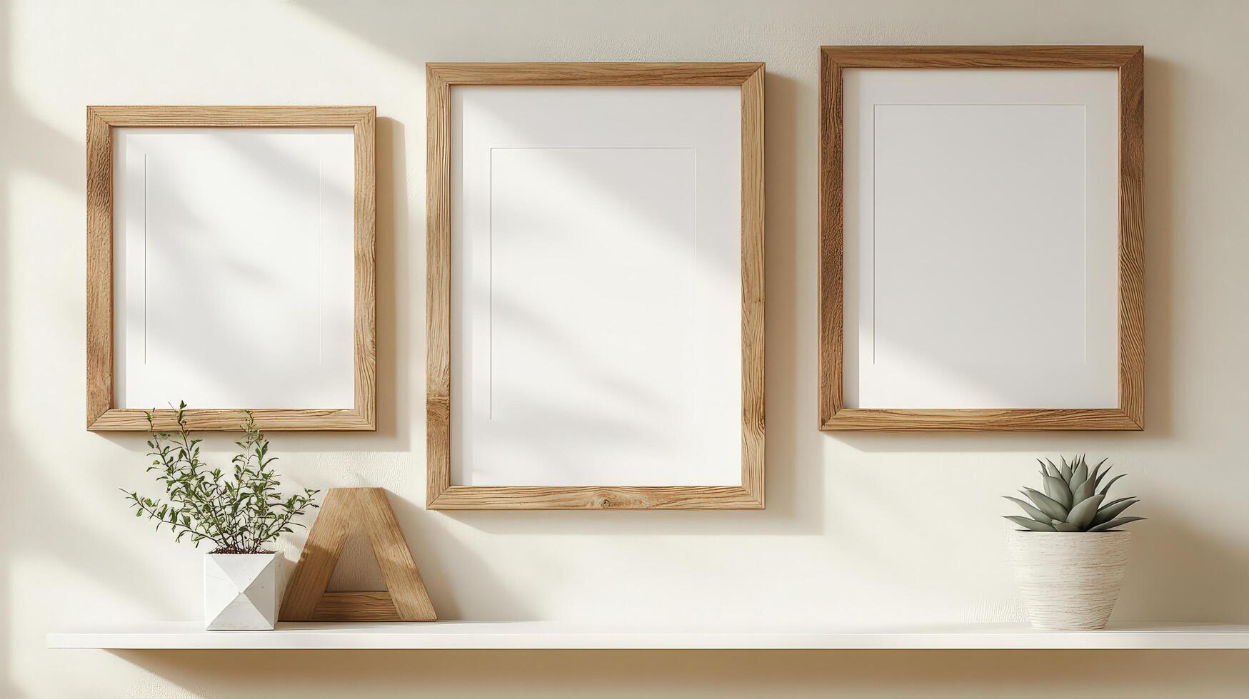Close-Up of Wooden Picture Frames and Succulent on Beige Wall photo